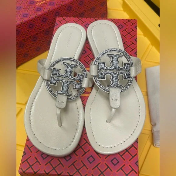 Tory Burch New Cream Pave Crystal Leather Miller Size 9 - Picture 7 of 10